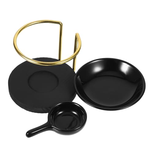 VINTORKY Bruciatore Di Oli Essenziali in Ceramica Base in Legno Nero, Portacandele Per Lumini e Diffusore Aromatico, Supporto Decorativo Per Aromaterapia e Scioglicera, Per Casa e Ufficio