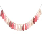 Tasruwat Pink Yarn Tassel Garland Boho Preppy Wall Hanging Decor Bunting Banner Tassels with Wood Bead for Nursery Classroom Office Birthday Party Baby Shower Kids Girls Dorm Bedroom Decorations