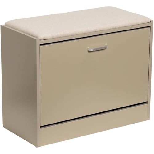 Marvin Panca Scarpiera Porta Scarpe in Legno con Cuscino Seduta in Tessuto 3 Ripiani Anta a Ribalta da Ingresso 30 x 63 x 50H cm (Tortora/Cuscino Beige)
