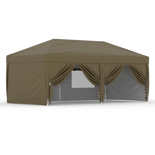 Garvee 10x20 Pop Up Canopy Tent Outdoor Canopy One-Person Set Up Heavy Duty Commercial Instant Tent Shelter, 6-Sidewall+Brown