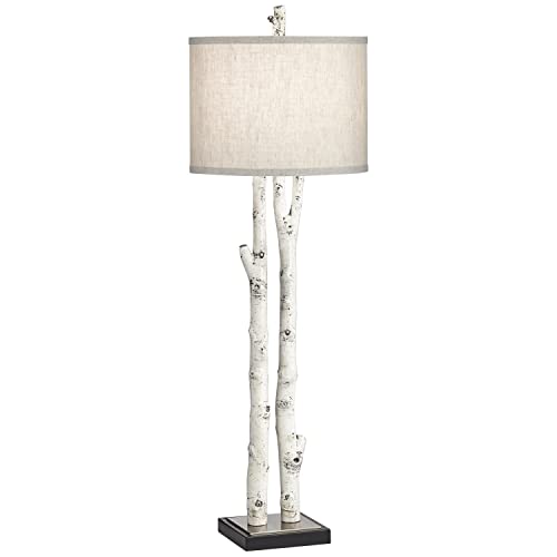 Franklin Iron Works 87-1809-402 White Forest 35 3/4 Inch Tall Skinny Large Buffet Farmhouse Rustic Country Cottage End Table Lamp Natural Birch Tree Branch Single Shade Living Room Bedroom Bedside Nightstand House cover