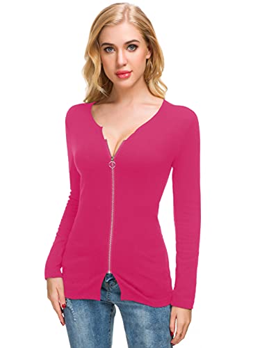 Image of Afibi Women V Neck Zip Front Long Sleeve Casual Top Blouse Shirt /Cardigan