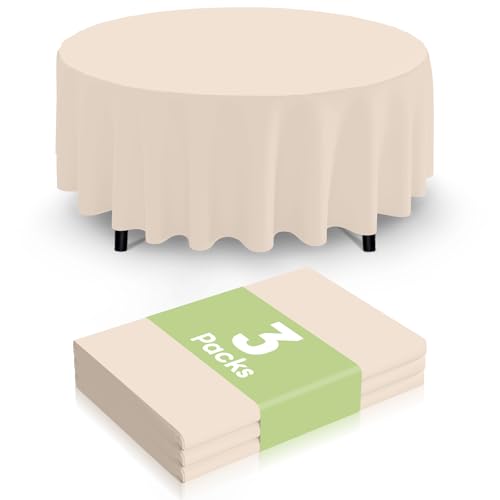 Image of Smiry Disposable Table Cloth 3 Pack, 84 Inch Round Waterproof Plastic Tablecloth, Decorative Round Table Covers for Party, Birthday, Picnic, Ivory