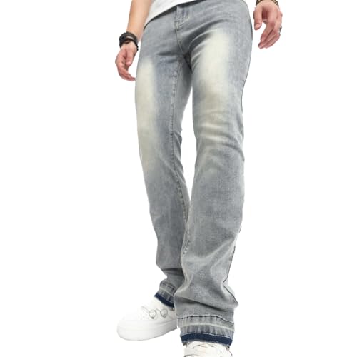 Mens Stacked Jeans Colorblock Straight Leg Skinny Stacked Denim Pants Raw Hem Flared Jeans