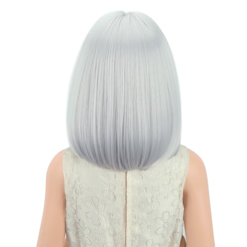 Image of PATTNIUM Grey Bob Wig for Kids Short Bob Gray Wig with Bangs Silver Wigs Girls Cosplay Party Synthetic Rose Net Daily Wear Wigs