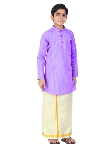 Boys Cotton Long Sleeve Self Design Kurtha With Stitched Art Silk Dhoti For Boys (Madriyad-Purple)