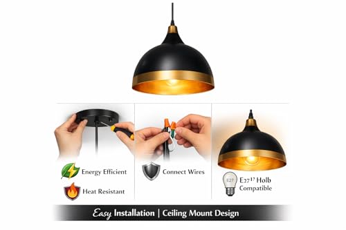 Image of DarkVision Modern Metal Black with Gold Shade Hanging Pendant Light Dome Shape with Adjustable Cord Ceiling Fixture for Kitchen Island, Bedroom, Living Room, Balcony, Dining Area (Bulb Included)
