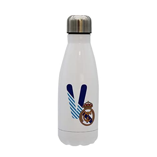 Real Madrid - Botella Agua de Acero Inoxidable, Cierre Hermético, con Diseño Letra V en Azul, 550 ml, Color Blanco, Producto Oficial