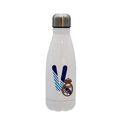 Real Madrid - Botella Agua de Acero Inoxidable, Cierre Hermético, con Diseño Letra V en Azul, 550 ml, Color Blanco, Producto Oficial
