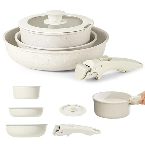 Juego de Ollas y Sartenes Antiadherentes, Sarten Ceramica con Mangos Desmontables, Apto para Inducción, Horno y Lavavajillas, 16/18/20 cm