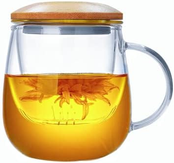 HOVOL Glass Tea Cup with Infuser and Bamboo Lid, 13.5oz Heat Resistance Borosilicate Glass Tea Mug with Strainer Clear Teacup for Loose Leaf Tea, Blooming Tea, Tea Bag, Ideal for Tea Lovers…
