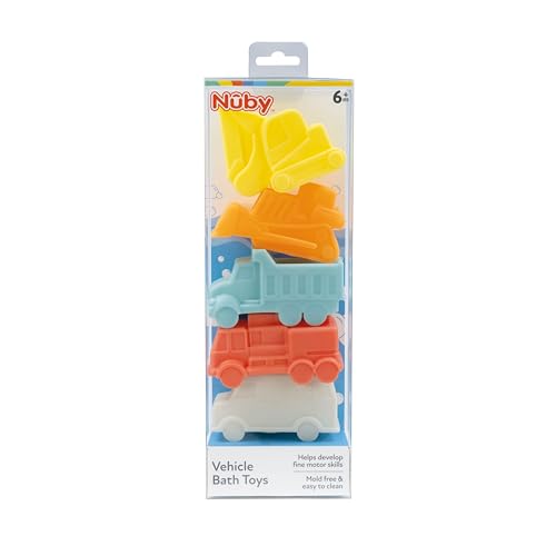 Image of Nuby Vehicle Bath Toys - 5-Pack - Soft, Stackable Toddler Bath Toys - No-Hole Design for Easy Cleaning - 6+ Months - Bulldozer, Excavator, Dump Truck, Ambulance, and Fire Truck