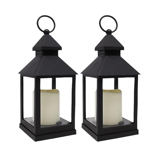 BAIRAYEN 2 Pack 10.2” Candle Lanterns Decorative Indoor Hanging Lanterns with Warm Flickering LED Candle 6 Hours Timer,Black Battery Powered Candle Lantern Table Centerpiece Mantle Shelf Home Decor