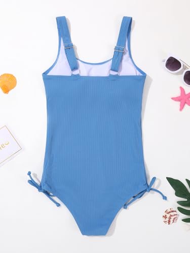 Image of Girls One Piece Swimsuits Ribbed Bathing Suit Teen Girls Adjustable Straps Drawstring Athletic Swimwear Swim Suit