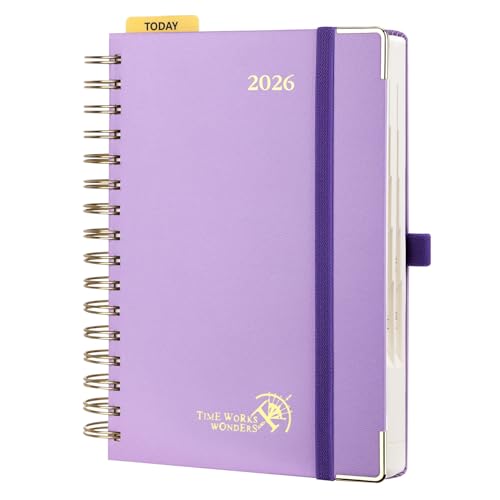 POPRUN Agenda 2026 Journalier 21,5 x 14,5 cm - Couverture Rigide Spirale, 1 Page par Jour A5 Planner, D'Jan 2026 à Déc 2026-12 Mois, Avec règle signet, Papier 80 g/m², Violet