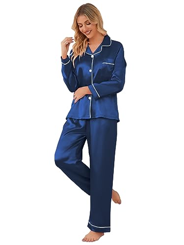 Image of Schbbbta Girls & Women Satin Pajamas Set, 2Piece Silk Nightwear Button-Down Sleepwear for Teen Kids, 3 Years - Women XXL