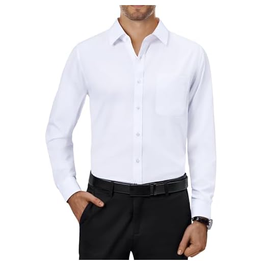 Alimens & Gentle Mens Dress Shirts 4-Way Stretch Long Sleeve Collared Casual Solid Wedding Dating Button Down Shirt White