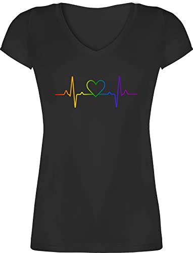 T-Shirt Damen V Ausschnitt - LGBTQ Kleidung Flag - Herzschlag Regenbogen Pride - 3XL - Schwarz - t Shirt LGBTQ-t-Shirt LGBT Herz Tshirt Gay CSD LGBTQ+Regenbogen Shirts Cotton Lesbian Tshirts lqbtq