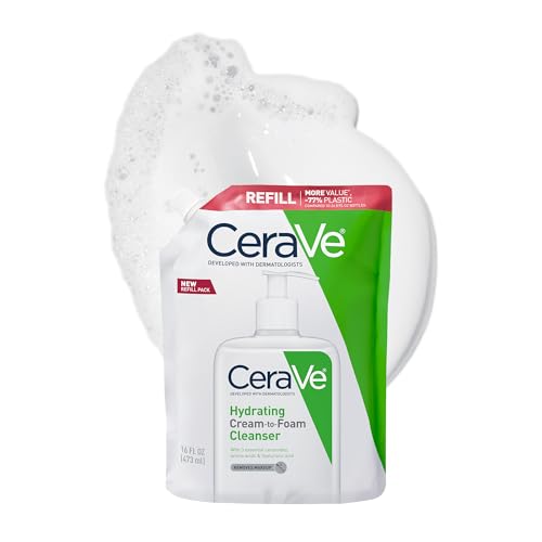 Image of CeraVe Hydrating Cream To Foam Cleanser, Makeup Remover Face Wash For Dry Skin, Foaming Facial Cleanser With Hyaluronic Acid, Normal To Dry Skin, Fragrance Free & Non Comedogenic, 16 Ounce Refill