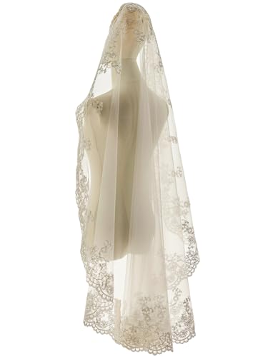 Ophea Veily Lace Applique Edge Mantilla Fingertip Length Wedding Bridal Veil for Bride Ivory