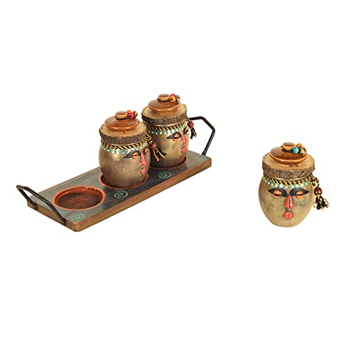 Image of AAKRITI ART CREATIONS Happy Tribals Storage Jars and Handcrafted Tray| Multicolor Abstract Art Terracotta Jars with Wooden Tray | Matte Finish Kitchen Storage Set | Jars for Dining Table & Home Decor