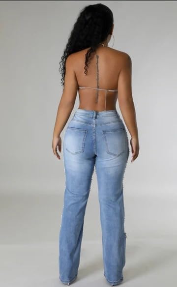 Women's Cut Out Ripped Pearl Jeans High Waisted Pearl Chains Distressed Baggy Jeans Party Clubwear Denim Pants4