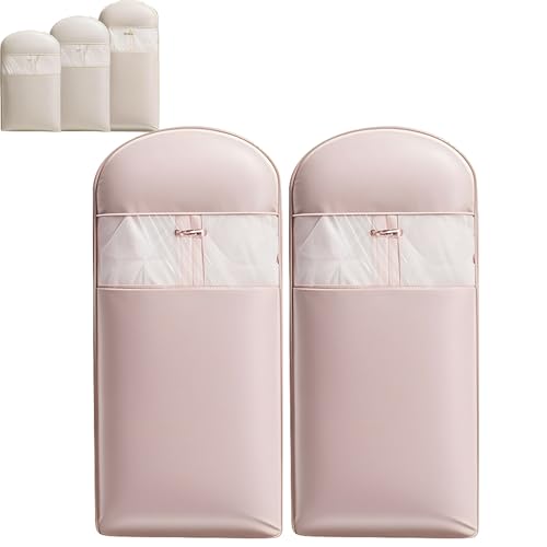 2 Pcs Space Saving Hanging Garment Bag with Self Compression Zipper Dust Cover Bags for Down Coat,Garment Bags for Hanging Clothes for Closet Storage (Pink,M)