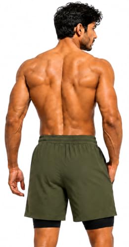 Image of Men's 2-in-1 Dual Layer Workout Shorts with Compression Liner, Phone Pocket, Quick-Dry Athletic Running Shorts for Gym, Training, Sports & Fitness