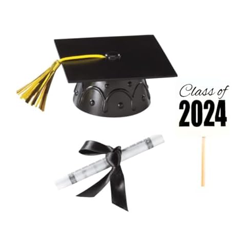 CakeSupplyShop Mini Small Graduation Cap/Hat (Black) w/Degree Scroll & Class Of 2024 Sign - Cake Decoration Food Topper & Centerpiece Cover