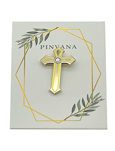 Pinvana Religious Cross Lapel Pin - Gold Enamel With Rhinestone #TOP6