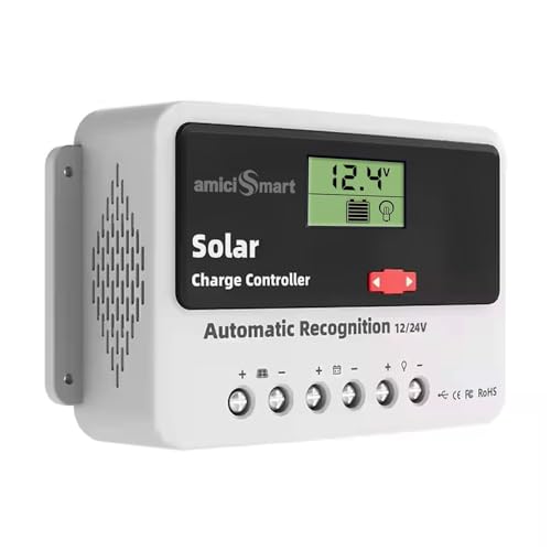 amiciSmart Solar Charge Controller 40A, Intelligent Battery Regulator for Solar Panel LCD Display with USB Port 12V/24V, 1.04kW (40A)