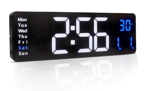 Image of 15-Inch Digital Wall Clock with Large LED Display - Remote Control, Auto-Dimming, Night Light, Date, Day, Temperature, DST Function - Ideal for Living Room, Bedroom (White & Blue)