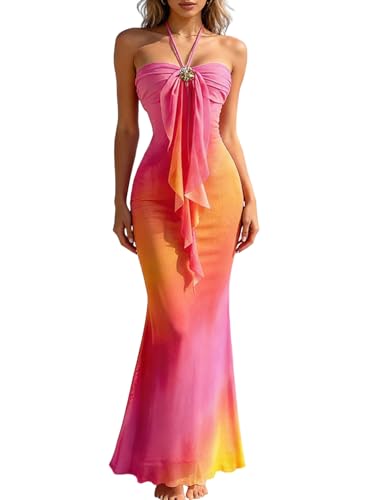 GORGLITTER Women's Floral Ombre Boho Maxi Dresses Halter Starfish Sunset Vacation Beach Cocktail Fishtail Sundress Pink and Orange X-Small