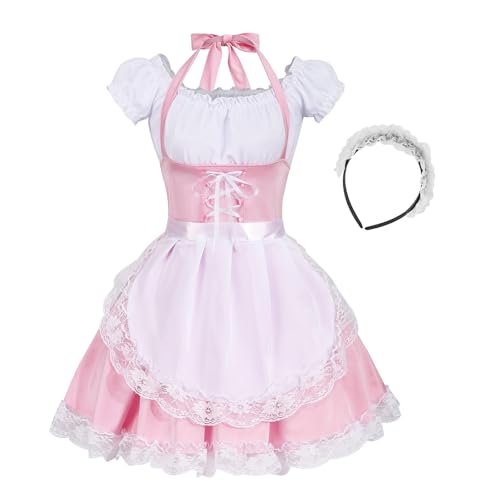 Colorful House Women's Anime Cosplay French Apron Maid Fancy Dress Costume (1XL/2XL, Pink-4Pcs)