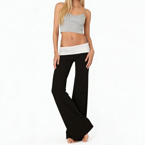 Image of Lounge Yoga Pants for Women Fold Over Low Waist Wide Leg Bell Bottoms | Y2K Foldover Pants, Flare Leggings, Low Rise Yoga Sweatpants