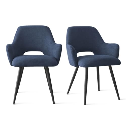 Image of Finch Fox Motel Luxurious Home Collection Upholstery Fabric Arm Dining Room Chairs in Dark Blue Color with Black Metal Powder Coated Legs (Set of 2)