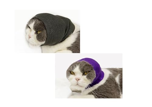 Image of Cat Ear Cover Head Wrap (2 Pack),Calming Ear Wrap Cat Neck Gaiter Snood for Cats Grey+Purple S