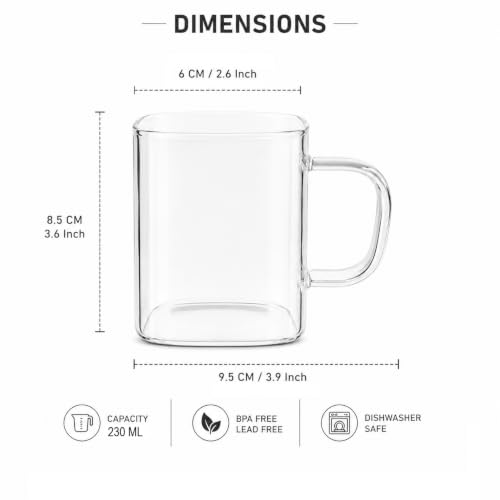 Image of IndusBay Pack of 2, 230 ML Square Borosilicate Glass Tea Cups Clear Glass Tea Coffee Mugs with Handle, Microwave Safe, Clear