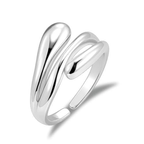 ALEXCRAFT Anillo Mujer Plata 925, Anillos de Serpiente Abierto Ajustable Apilable, Anillos de Gota de Agua, Grueso, Hipoalergénico, Acero, Anillo Amistad para,Mujeres, Niñas y Hombres