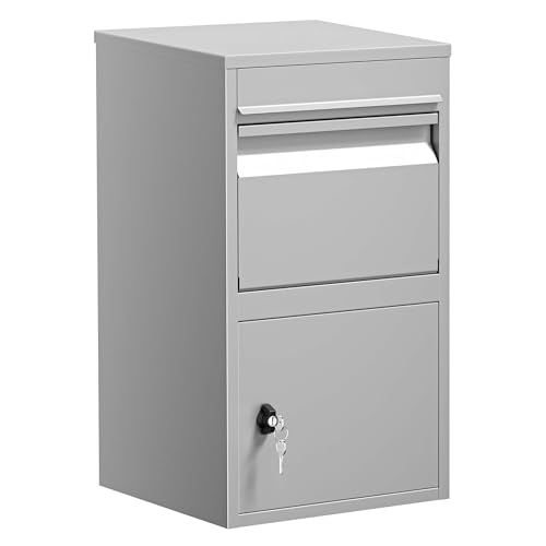 Wiltec Paketkasten grau 410 x 380 x 720 mm Paketbox aus Stahl mit Pulverbeschichtung abschließbarer Standbriefkasten für Paketannahme zu Hause Zustellung von Paket, Post, Brief
