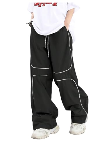 OYOANGLE Men's Drawstring Waist Casual Baggy Joggers Pants Loose Fit Straight Leg Pants