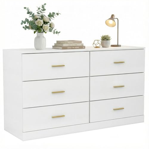 YMW 47 Modern White Dresser for Bedroom 6-Drawer Wooden Chest of Drawers with Gold Handles Wide Storage Cabinet for Living Room Kid&Nursery Entryway