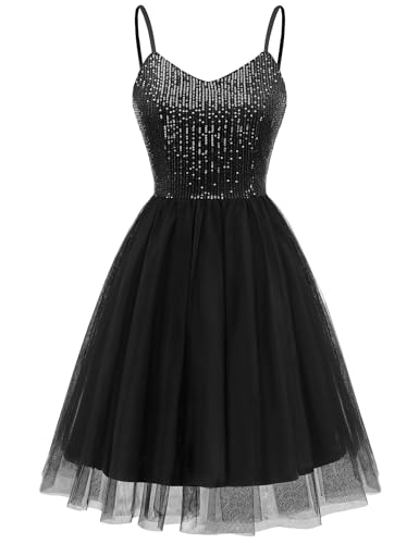 Image of Dressystar 2026 Women's Tiered Sparkly Sequin Glitter Formal Prom Dress Mini Spaghetti Strap Tulle Cocktail Party Dresses