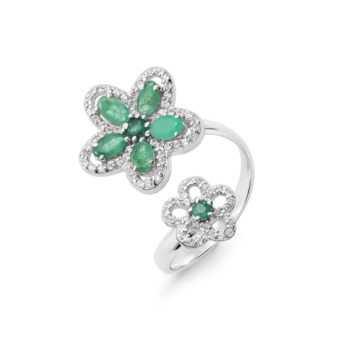 Bague ajustable argent 925 avec émeraude verte et fleur ciselée - 3