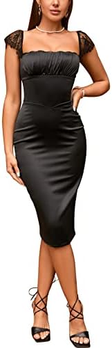 Women's Lace Strap Bodycon Satin Dress Square Neck Backless Elegant Midi Party Dresses Black XS