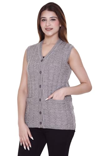 Image of aarbee Self Design Sleeveless V Neck Woollen Cardigan for Women with Front Pockets