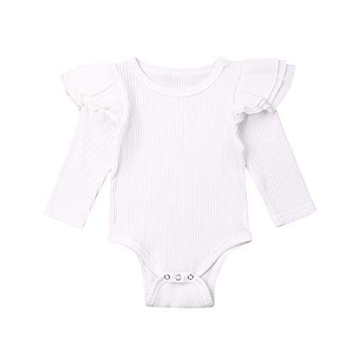 bebiullo Baby Girl Ribbed Long Sleeves Bodysuit Cotton Ruffle Rib Romper Jumpsuit 0-24M (White, 9-12 Months)