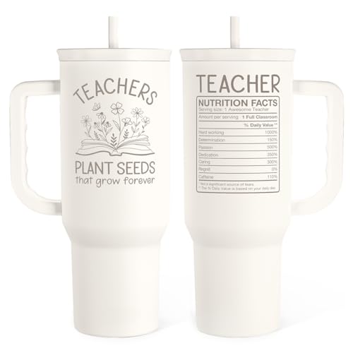 Image of SANDJEST Teacher Appreciation Gift - 40oz Stainless Steel Insulated Tumbler with Handle and Straw - Teacher Nutrition Facts Travel Coffee Mug Cup for Women Back to School Birthday Christmas