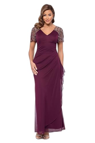 Image of Xscape Floor Length Jersey Knit Evening Gown with V-Neckline, Beaded Flutter Sleeves and Ruched Draping