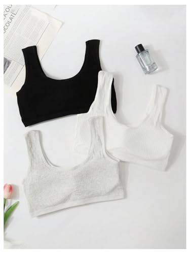OYOANGLE Girl's 3 Packs Bow Graphic Ribbed Knit Training Bra Square Neck Padded Wireless Comfy Everyday Bras2